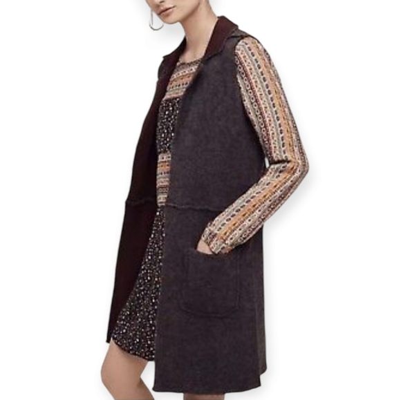 Anthropologie Moth Morris Wool Sleeveless Duster Vest Gray Maroon XS/S - Picture 1 of 17